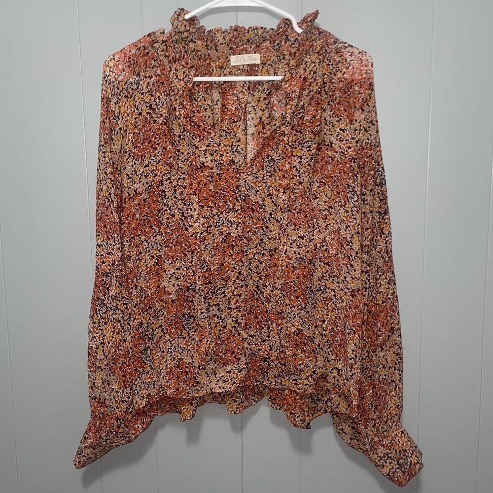 LoveShackFancy Orange Yellow Floral Silk Blouse Small